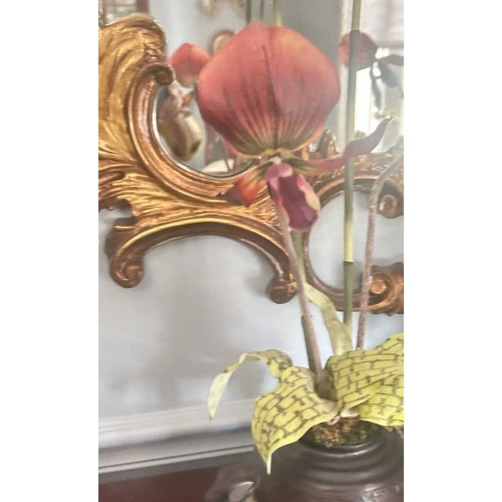 Pair Of Faux Burgundy Orchids in Chinese Resin Footed Bowl 21